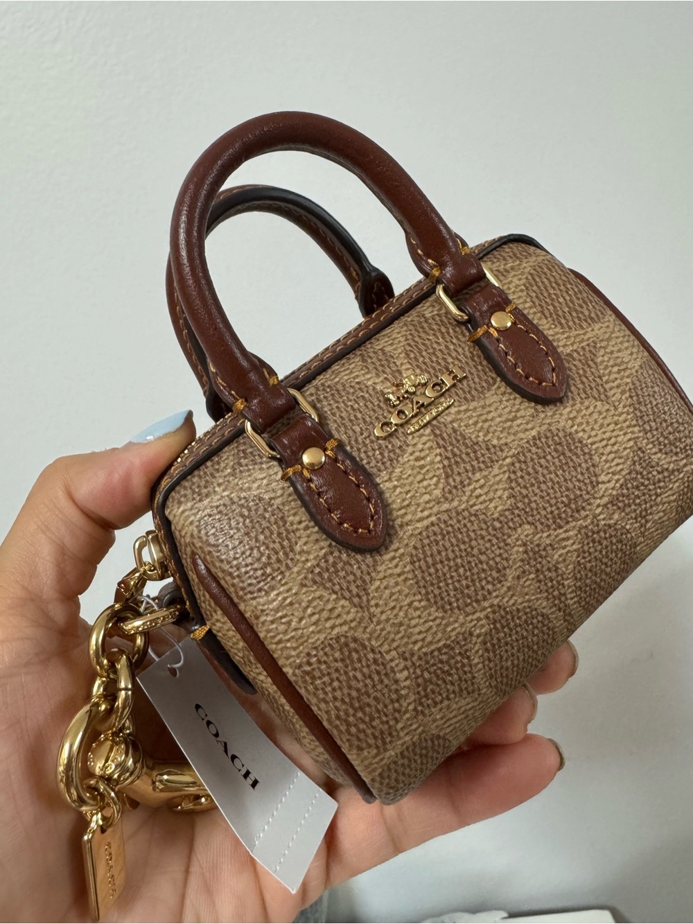 NWT! Coach CX068 Mini Rowan Satchel Bag Charm In Signature Canvas Tan/Brown/Gold